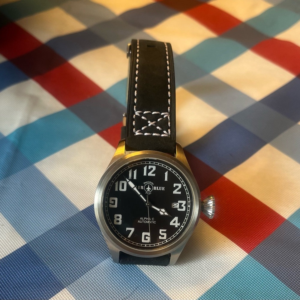 Air blue Black Leather Strap pilot Watch